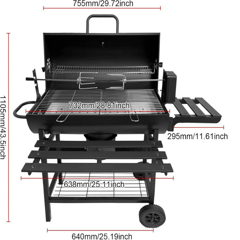 Charcoal BBQ Grill with 2 Foldable Table and Bottom Storage Shelf with Automatic Rotating Grill Rod Outdoor Barbecue stand for Family Gatherings Camping - Black
