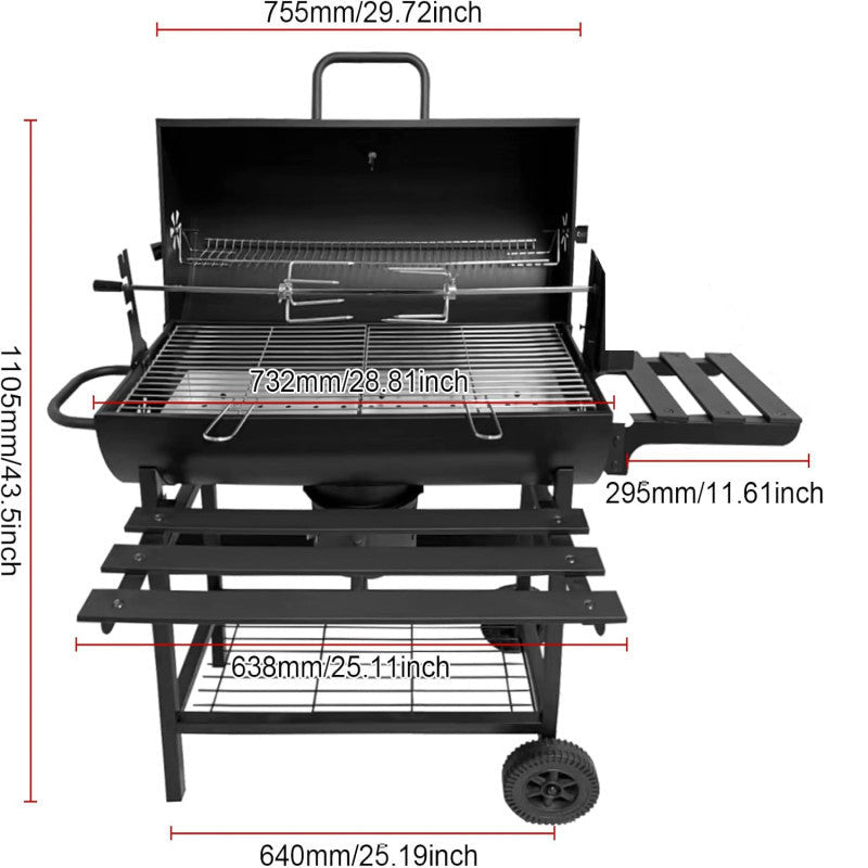 Charcoal BBQ Grill with Manual Rotatable Rod, Side and Front Table, Thermometer and 2 Wheels