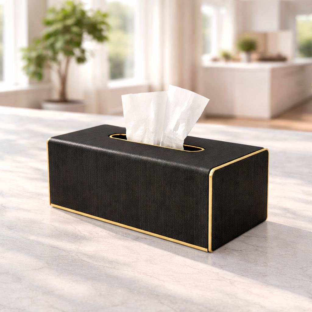 Luxury Black Textured Tissue Box with Gold Trim