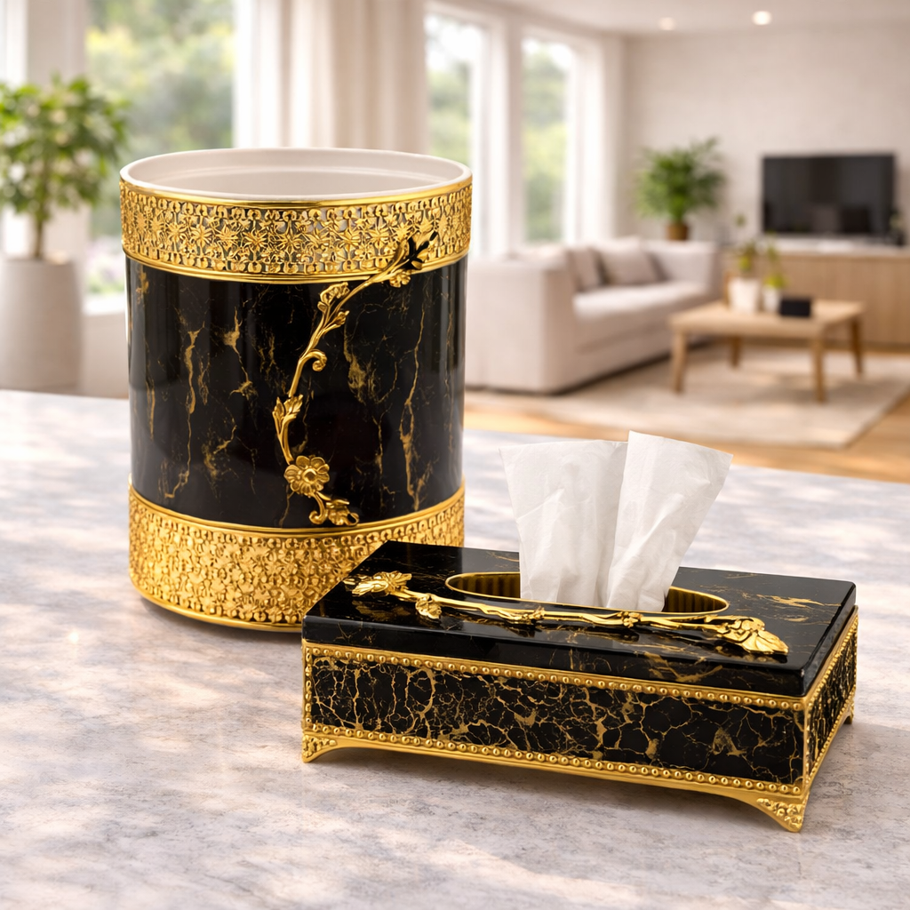 Luxury Black Marble-Effect & Gold Decorative Tissue Box & Dustbin Set