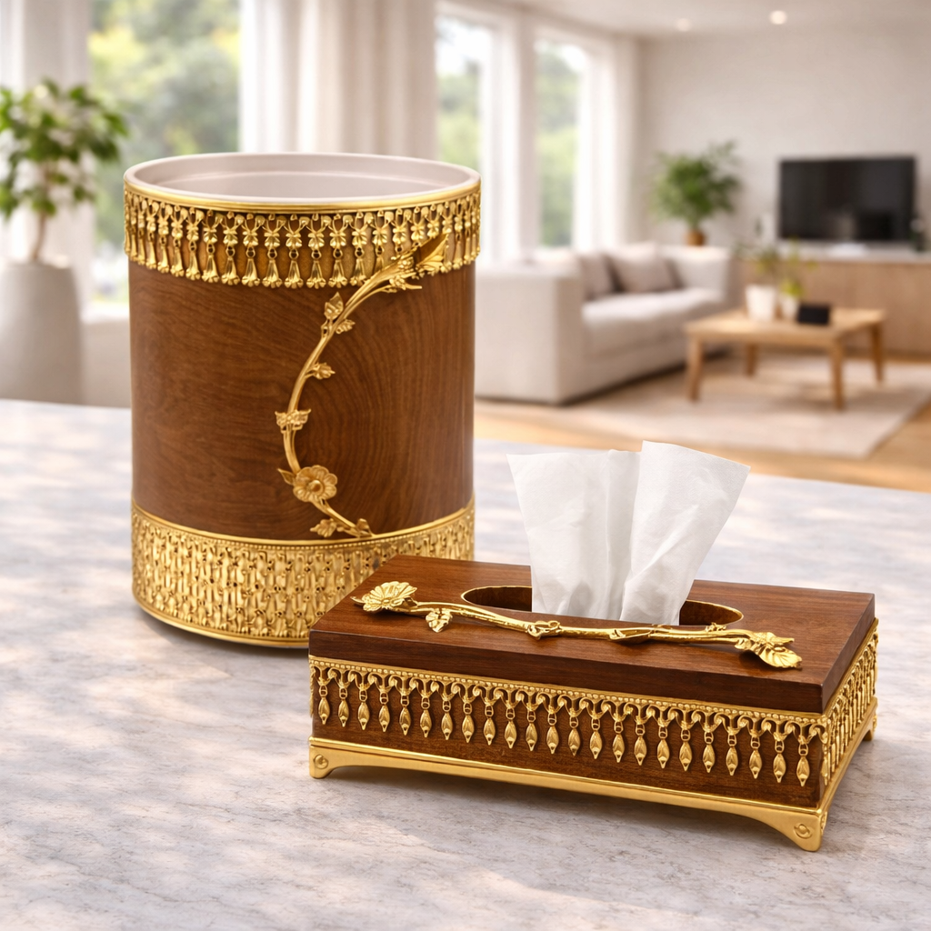 Luxury Brown Textured & Gold Decorative Tissue Box & Dustbin Set