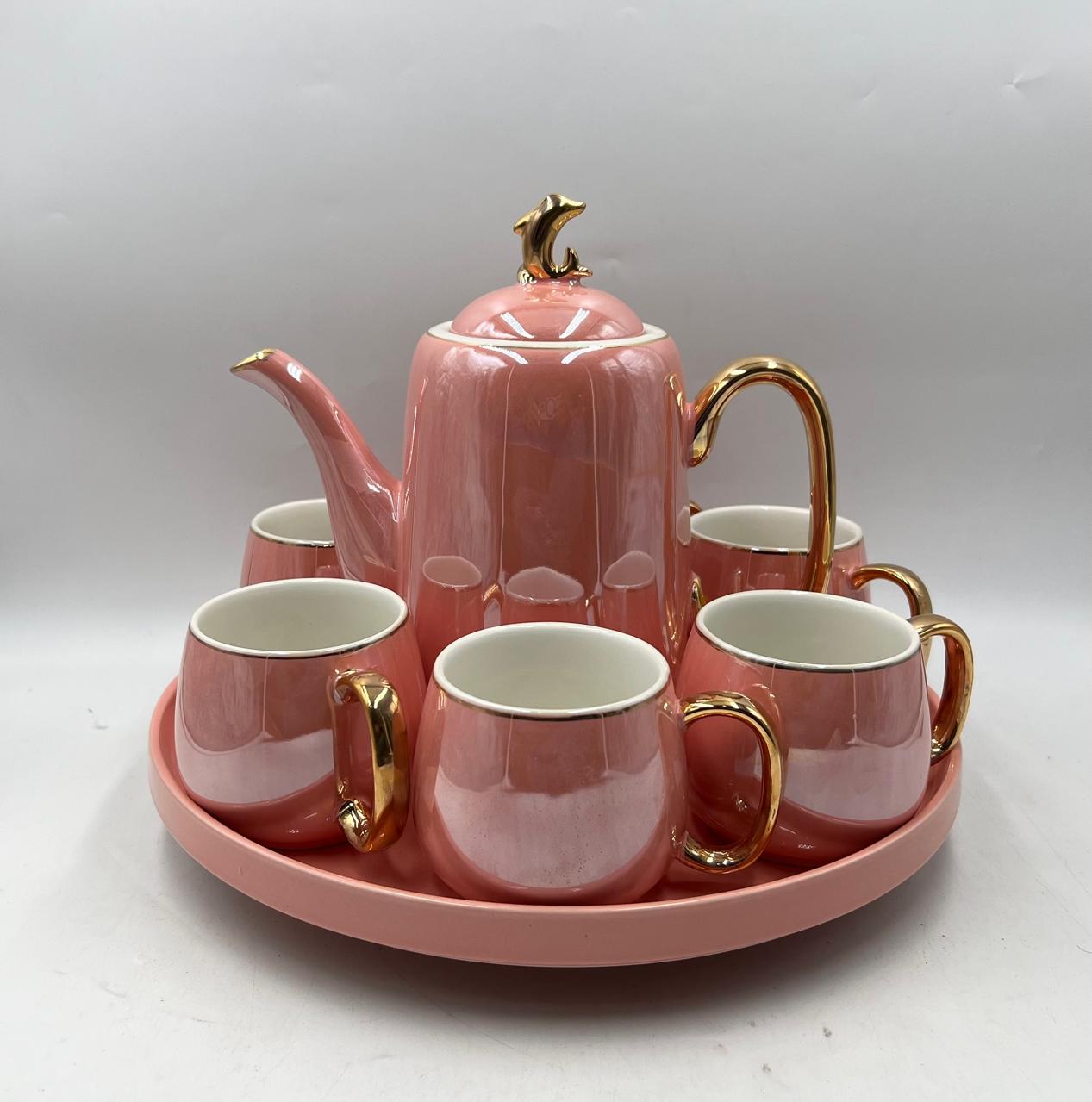 9-Pcs Ceramic Coffee Set | Rotating Tray | Pink Color | Design 0G010