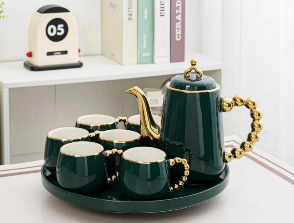 9-Pcs Ceramic Coffee Set | Rotating Tray | Green Color