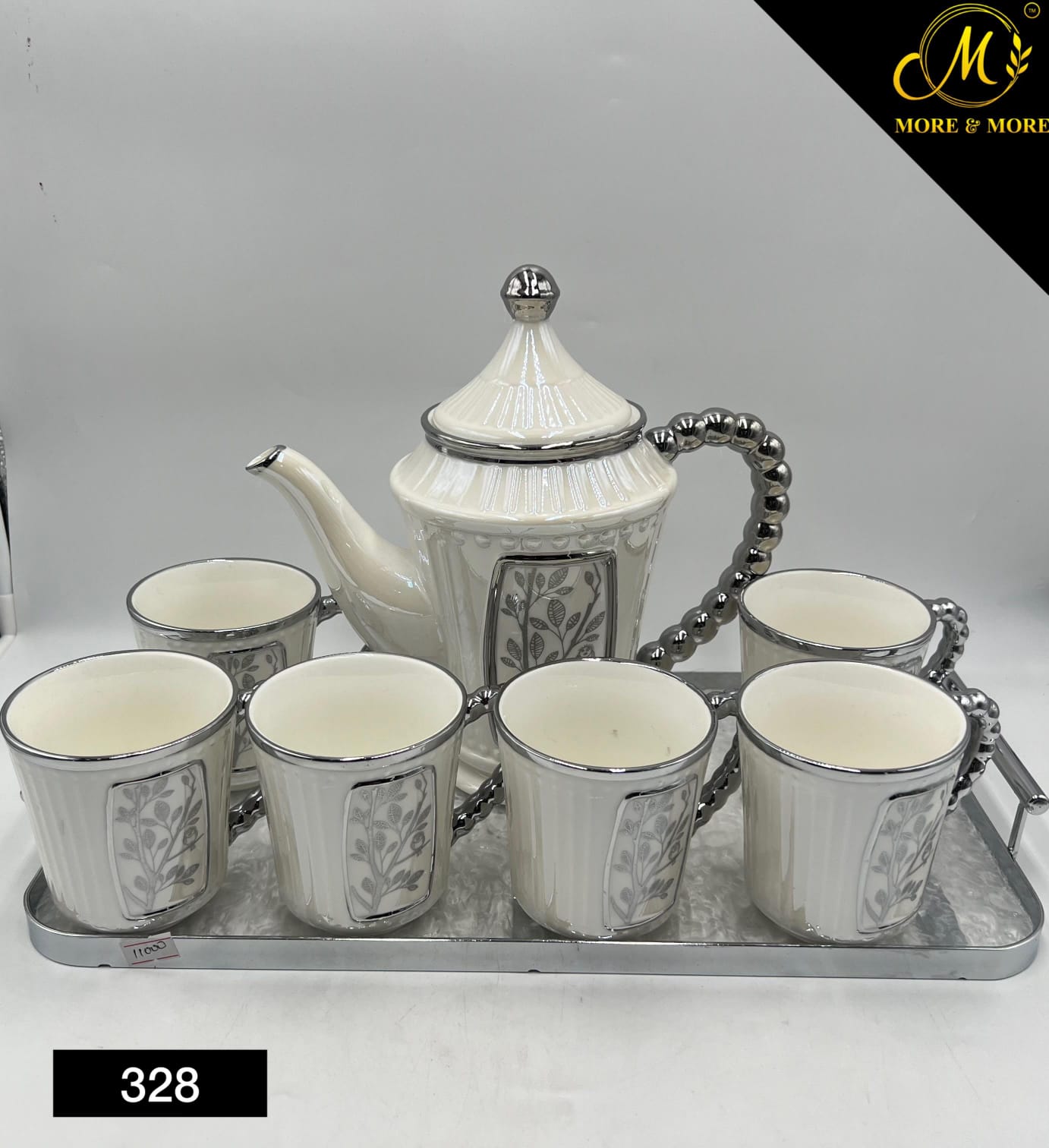 9-Pcs Ceramic Coffee Set In White With Silver Finish