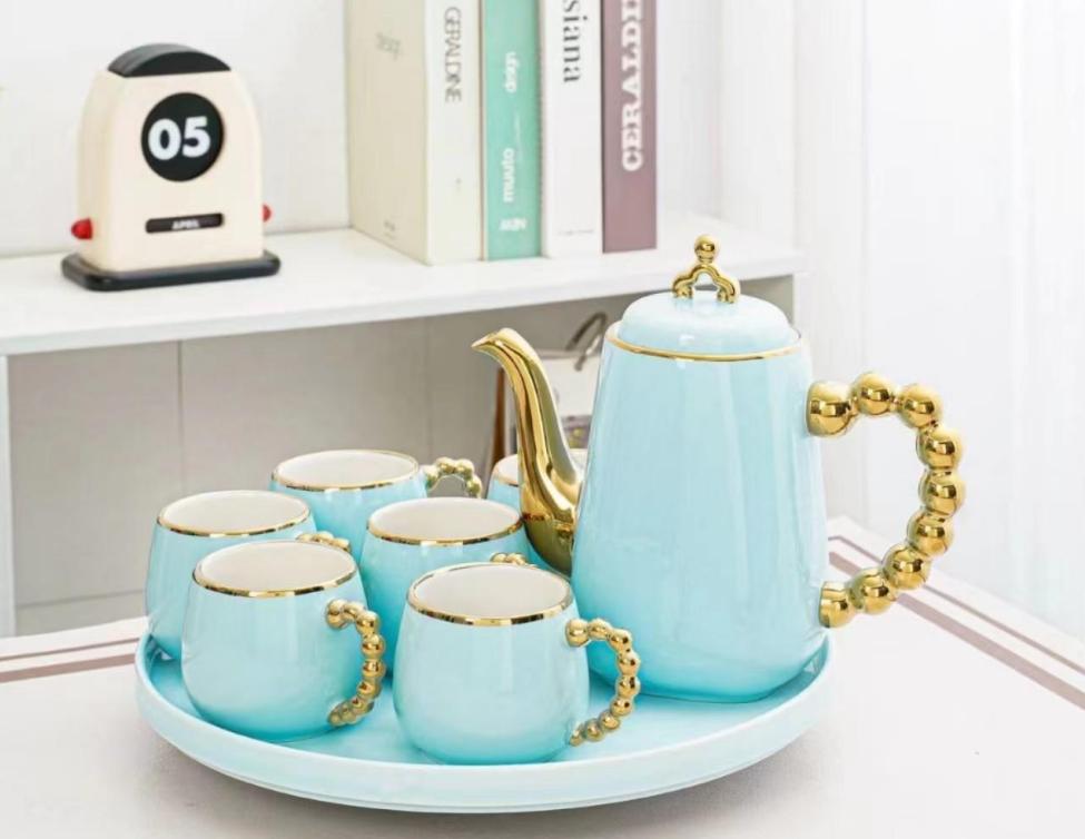 9-Pcs Ceramic Coffee Set | Rotating Tray | Sky Blue Color