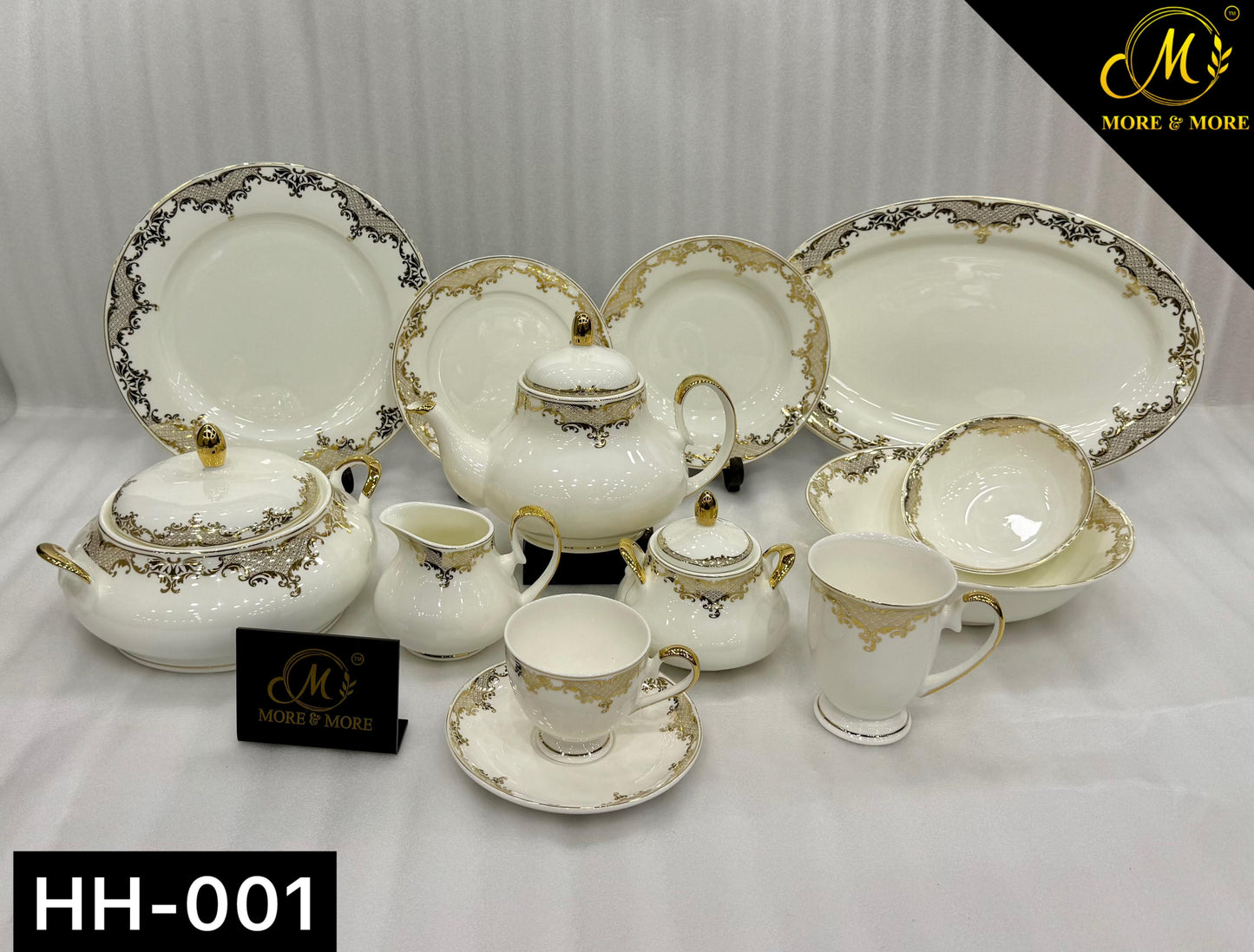 More & More Crockery Gold Embossed Super Bone China Dinner Set – 69 Pcs (8-Person) – Design HH-001