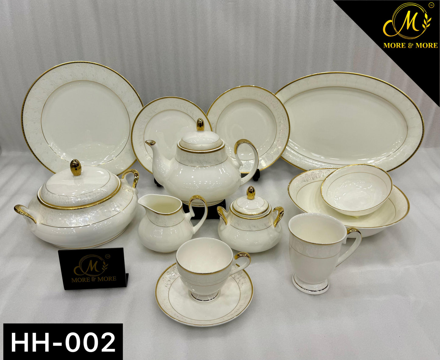 More & More Crockery Gold Embossed Super Bone China Dinner Set – 69 Pcs (8-Person) – Design HH-002