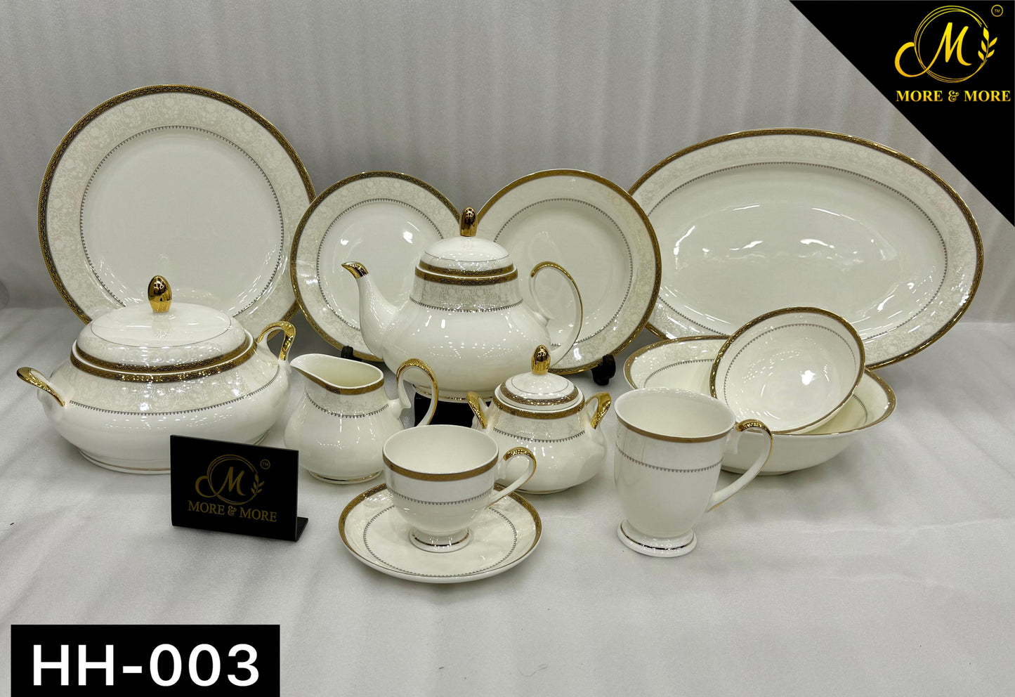 More & More Crockery Gold Embossed Super Bone China Dinner Set – 69 Pcs (8-Person) – Design HH-003
