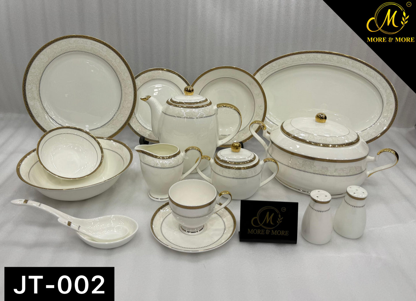 More & More Crockery Gold Embossed Super Bone China Dinner Set – 73 Pcs (8-Person) – Design JT-002