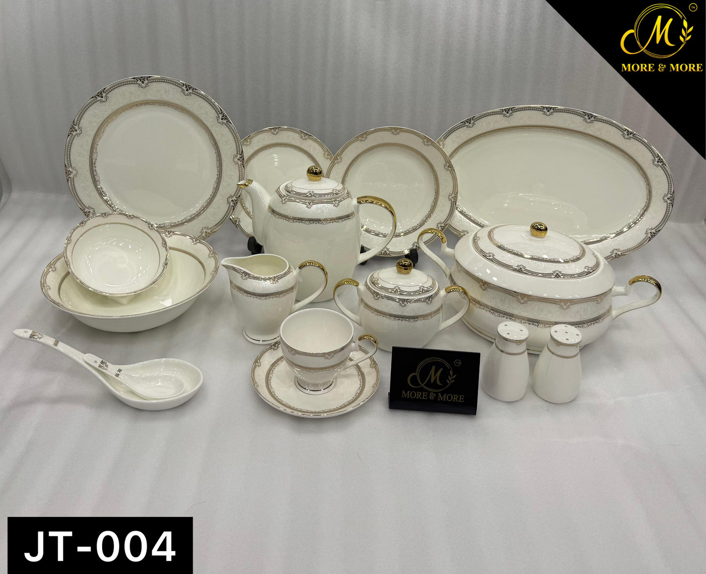More & More Crockery Luxurious Gold Printed Super Bone China Dinner Set – 73 Pcs (8-Person) – Design JT-004