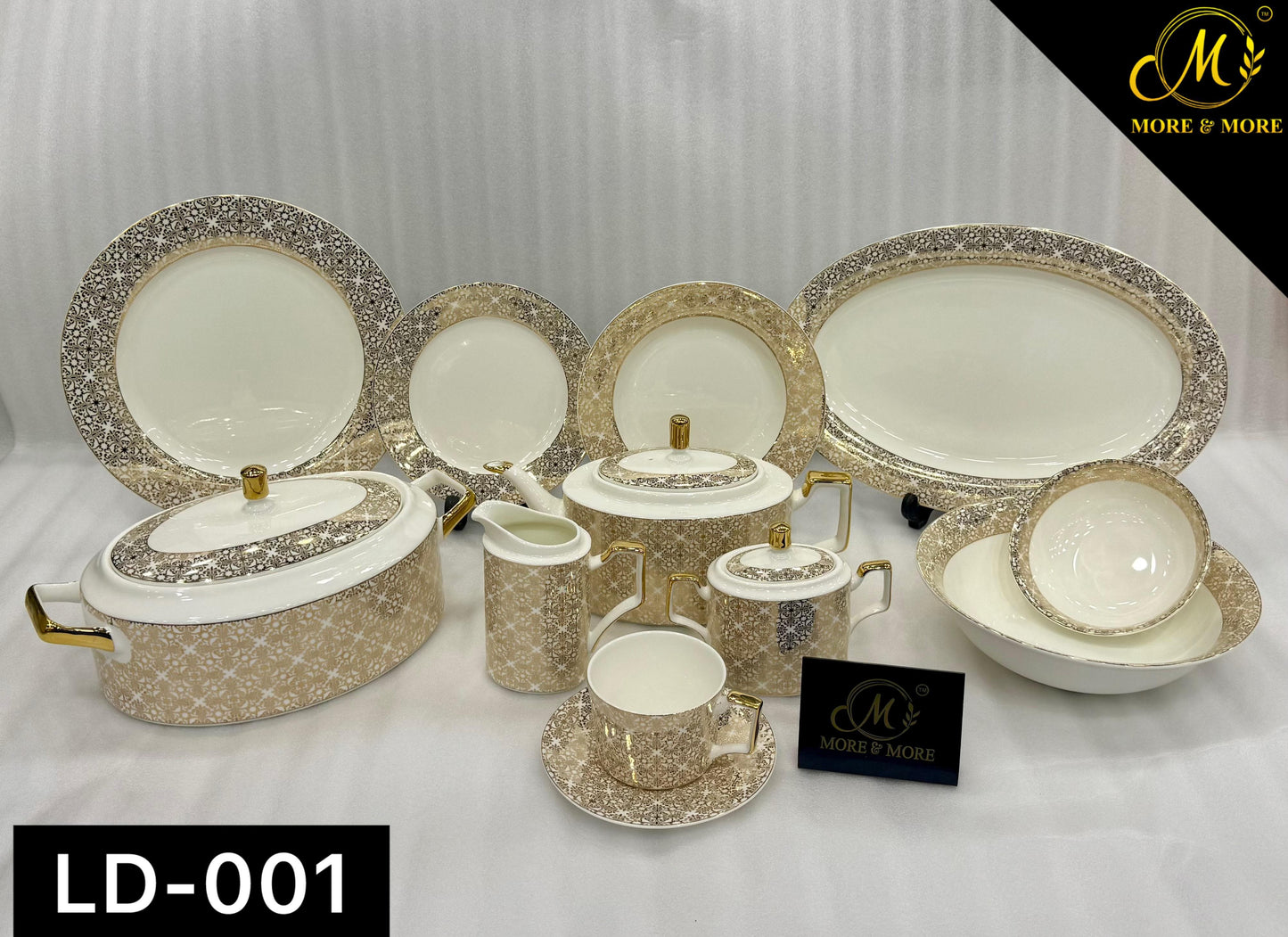 More & More Crockery Golden Pattern Super Bone China Dinner Set – 61 Pcs (8-Person) – Design LD-001