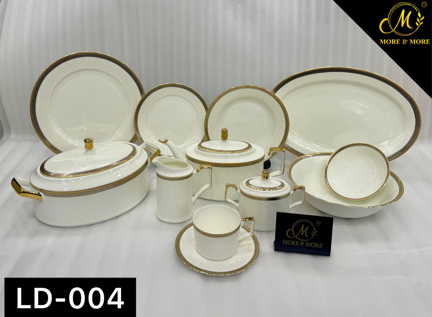 More & More Crockery Gold Embossed Super Bone China Dinner Set – 61 Pcs (8-Person) – Design LD-004