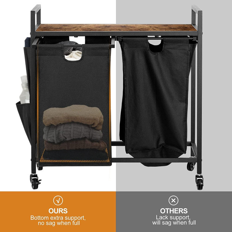 Double Laundry Hamper with Lid, Laundry Sorter with Top Shelf and 2 Removable Bags, Large Laundry Storage for Room, Black