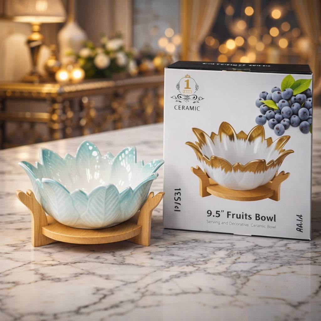 Luxury Lotus Ceramic Fruit Bowl with Wooden Stand – Elegant Table & Décor Bowl
