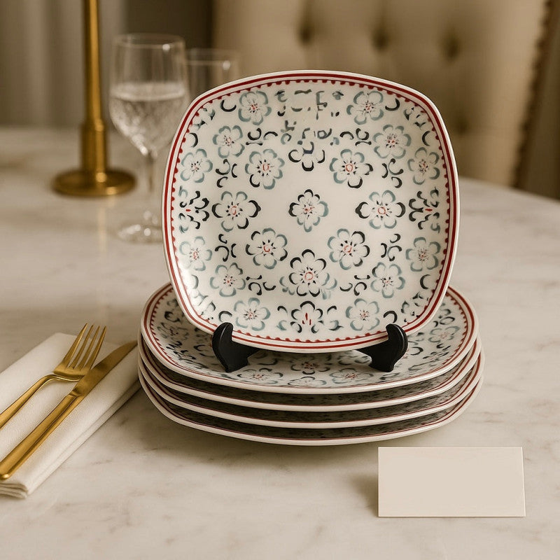 Luxury Floral Square Plate Set – 18 Pcs Dinnerware Collection | Elegant Ceramic Tableware for Modern Dining & Entertaining