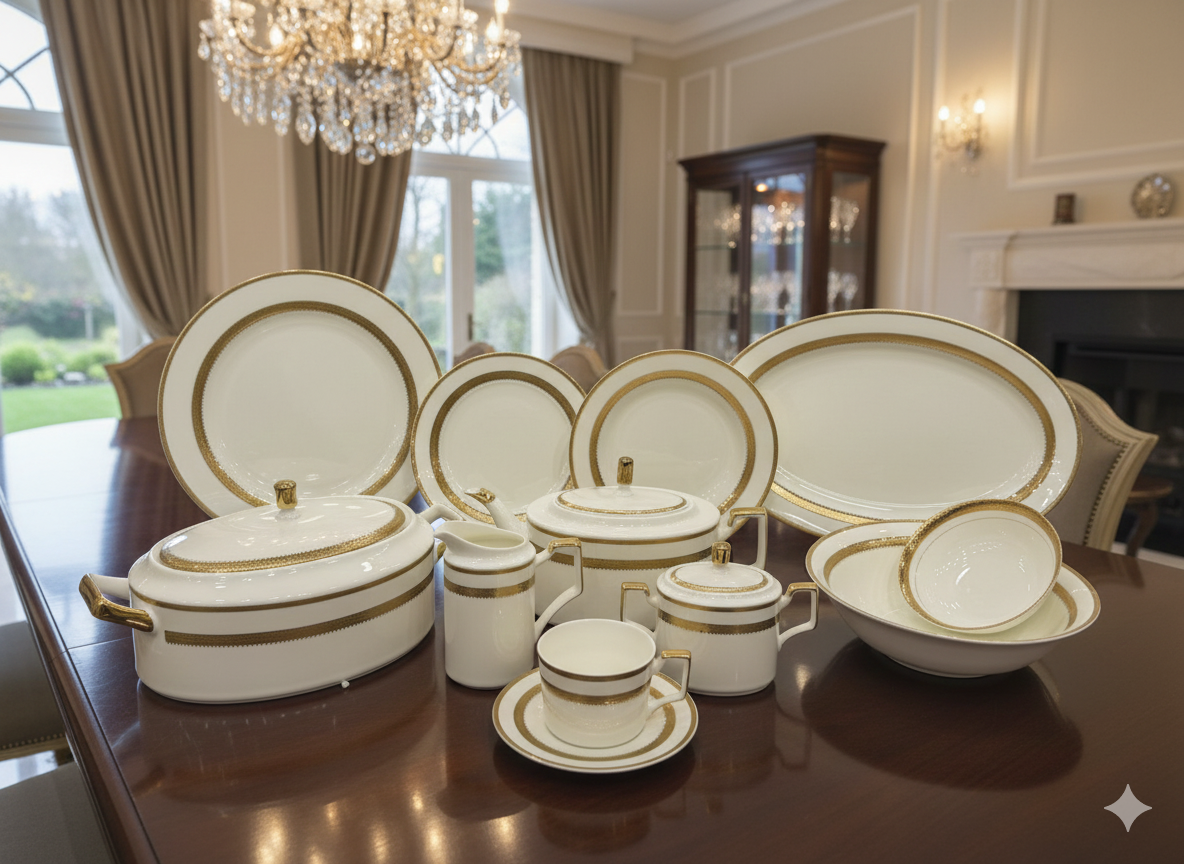 The "Versailles" Collection: Opulent Gold-Trimmed Bone China Dining Set (61 Pcs) - LD-003