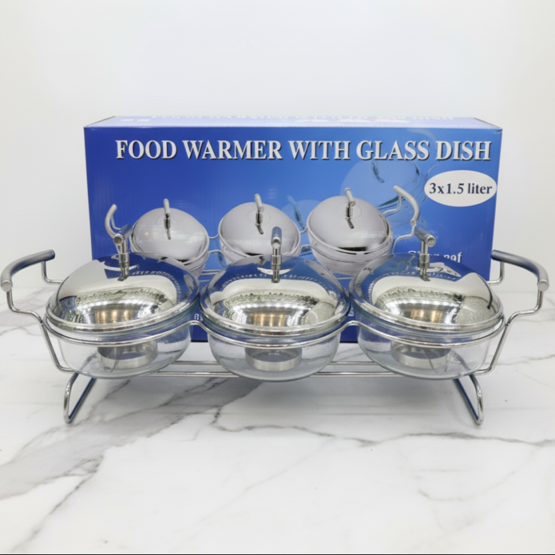 3-in-1 Stainless Steel Food Warmer Set with Glass Dishes
