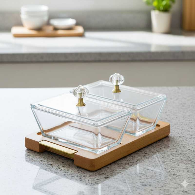 Limon DuoDelight Serving Set with Wooden Base – Dual Covered Snack & Appetizer Dishes | Adornia.pk