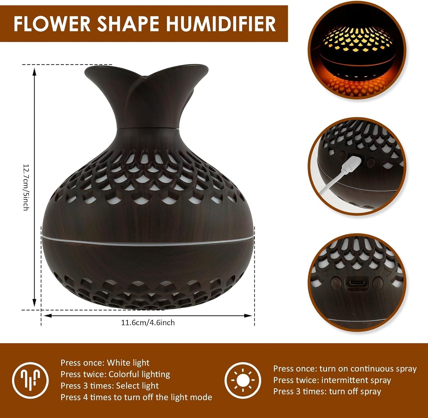 Mini Vase Air Humidifier, Wood Grain Flower Humidifier, 300ml USB Aroma Diffuser, Electric Ultrasonic Water Aroma Essential Oil Diffuser, Home Room Fragrance Air Purifier, 7 Color Portable Cool Mist Humidifier