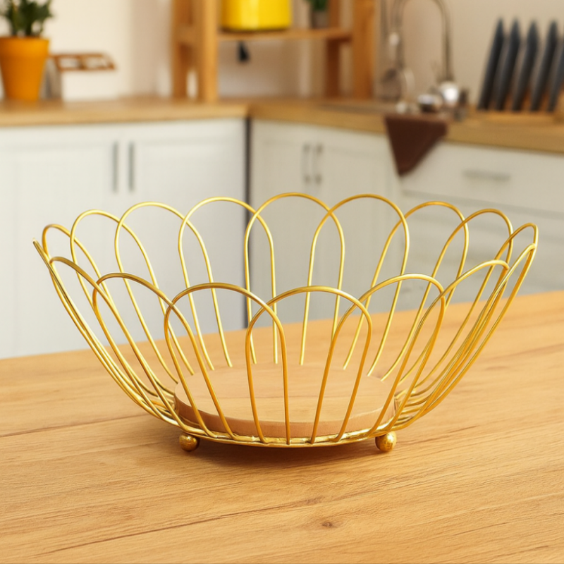 Luxury Gold Wire Round Fruit Basket with Wooden Base | Elegant Countertop Fruit Bowl for Kitchen & Dining Table