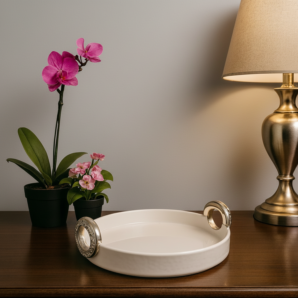 Brilliant Luxury Round Serving Tray – Premium Ceramic Décor Tray with Crystal Handles (27cm)