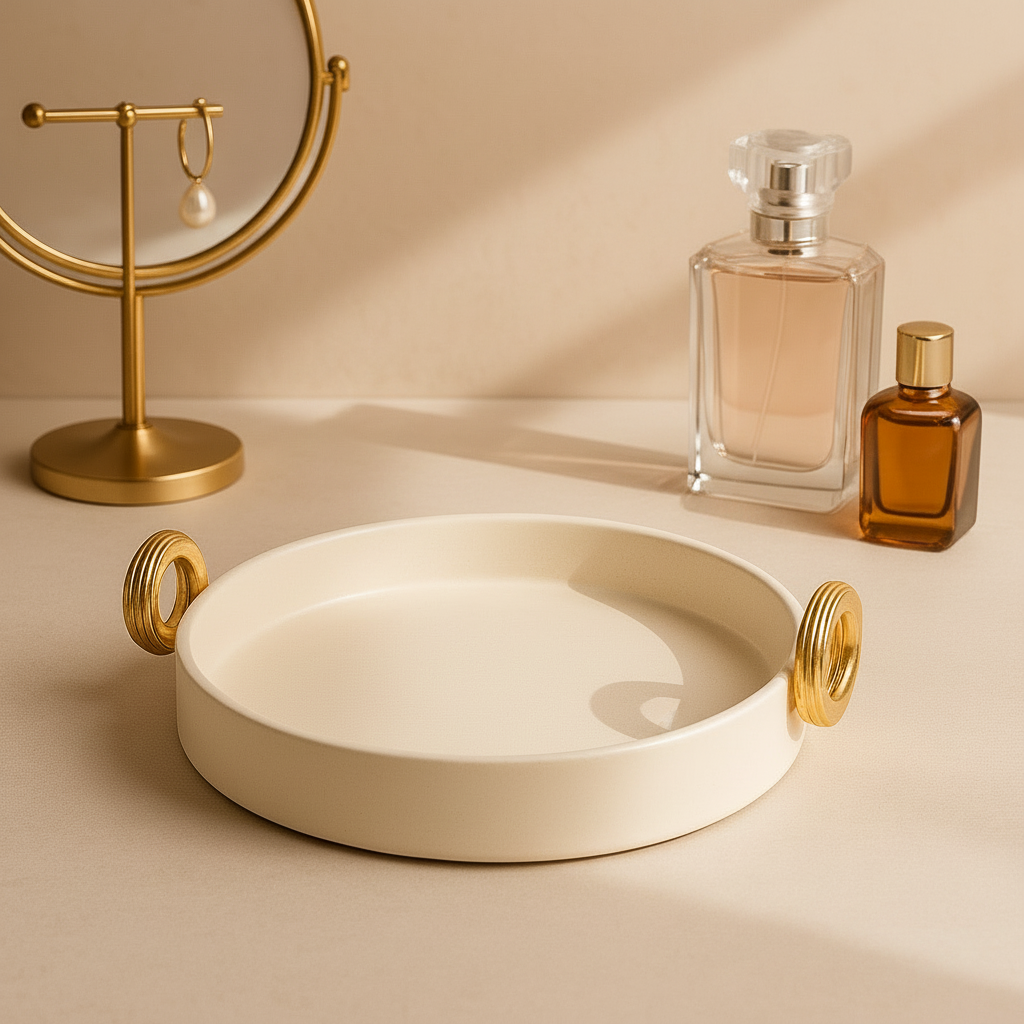 Brilliant Luxury Decorative Serving Tray – Premium Round Display Platter with Golden Handles (27cm)