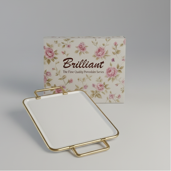 Brilliant Premium Porcelain Serving Tray – 28×15 cm | Luxury Gold Handle Rectangular Dish for Snacks, Cakes & Tea Serving