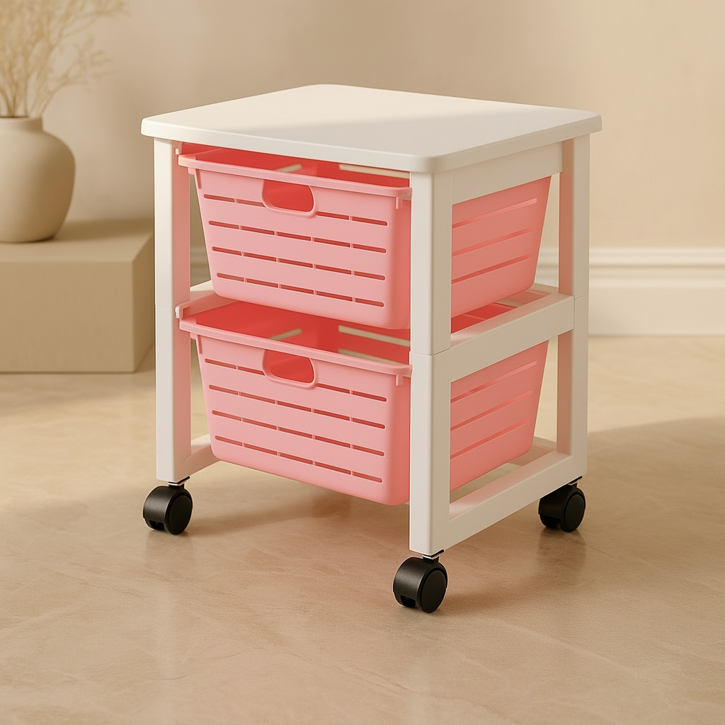 Ziba 2-Tier Rolling Storage Trolley with Dual Pull-Out Baskets – Pink Organizer Cart