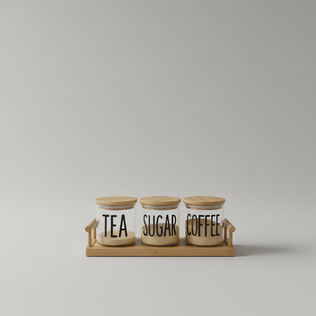 Luxury Bamboo Tea Sugar Coffee Jar Set – 3 Glass Canisters with Airtight Wooden Lids & Tray