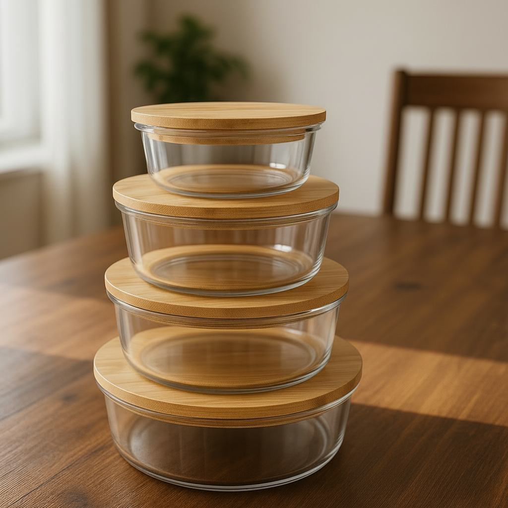Premium Round Glass Food Storage Bowls with Bamboo Lids – Airtight, Stackable, Heat-Resistant (Set of 4)