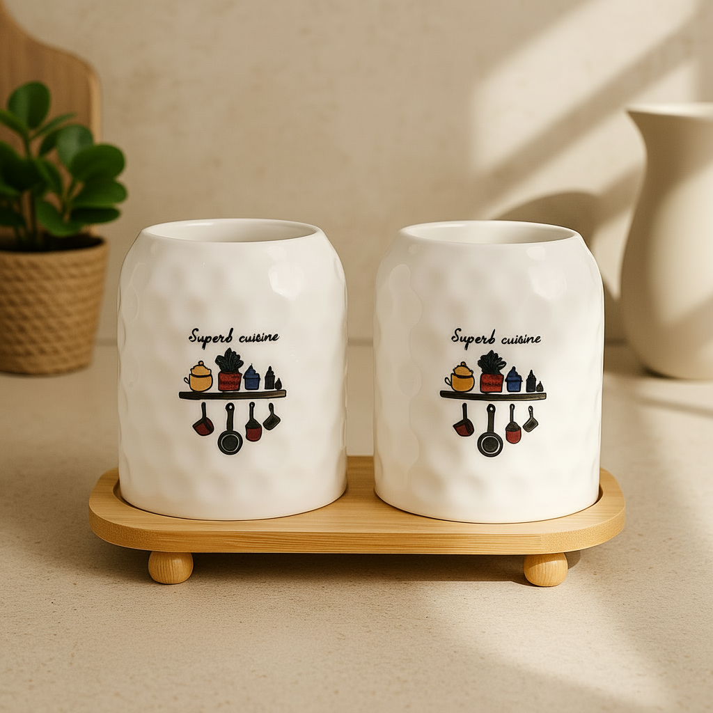 Superb Cuisine Ceramic Utensil Holder Set with Bamboo Base – Double Jar Kitchen Organizer