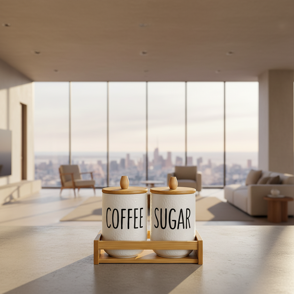 Premium Coffee & Sugar Jar Set with Bamboo Stand – Modern Kitchen Storage Containers