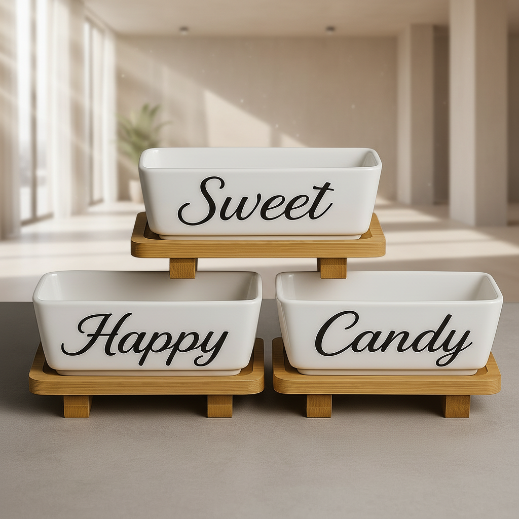 Luxury Ceramic Snack Bowl with Wooden Stand – Sweet / Happy / Candy
