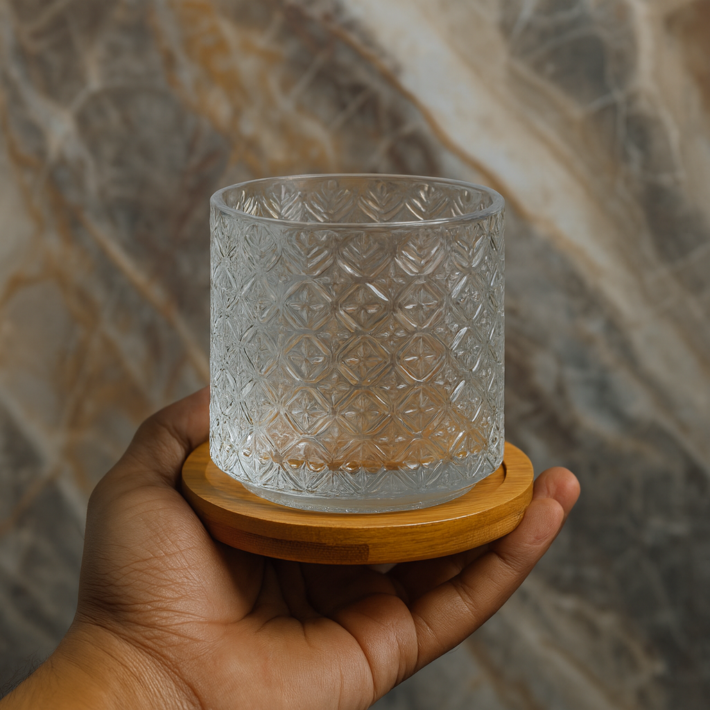 Luxury Crystal Spinning Drinking Glass with Wooden Base – Elegant Rotating Tumbler