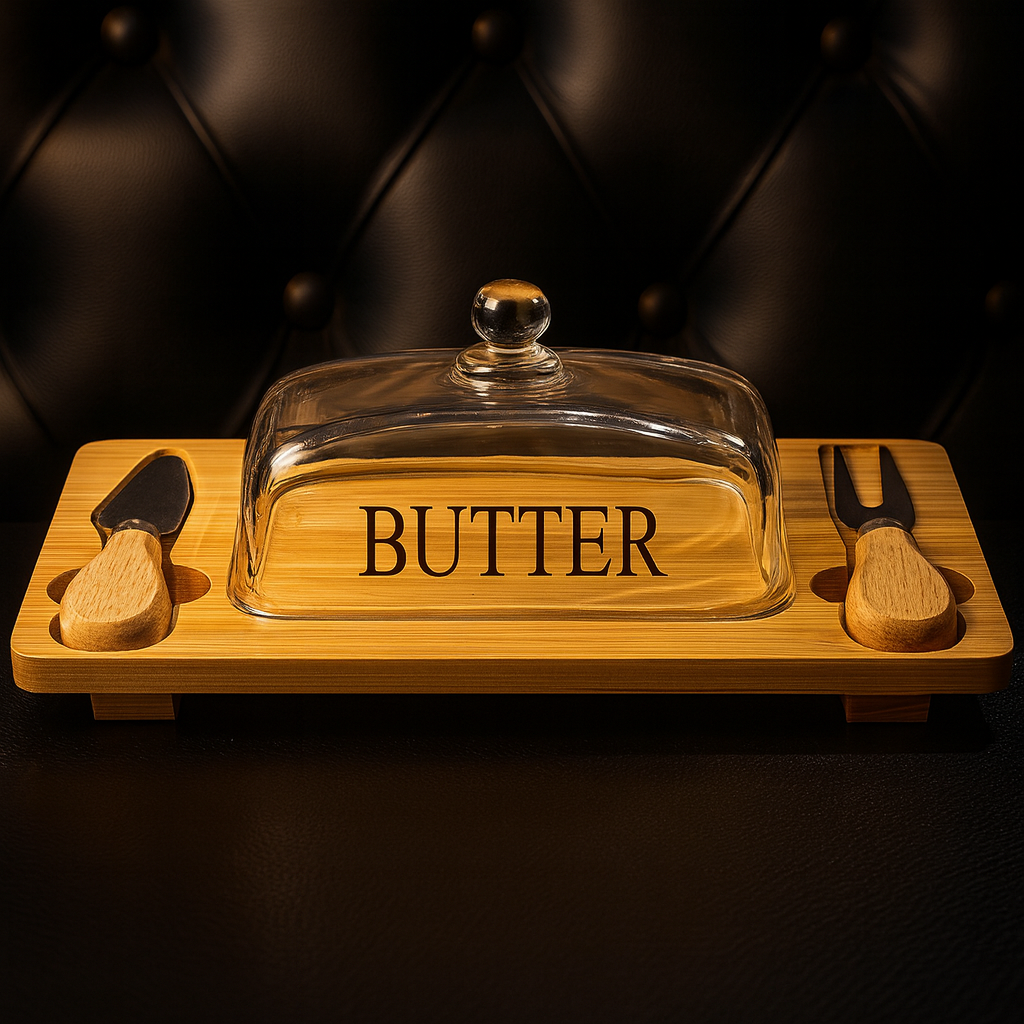 Luxury Bamboo Butter Dish with Glass Cover & Wooden Knife Set