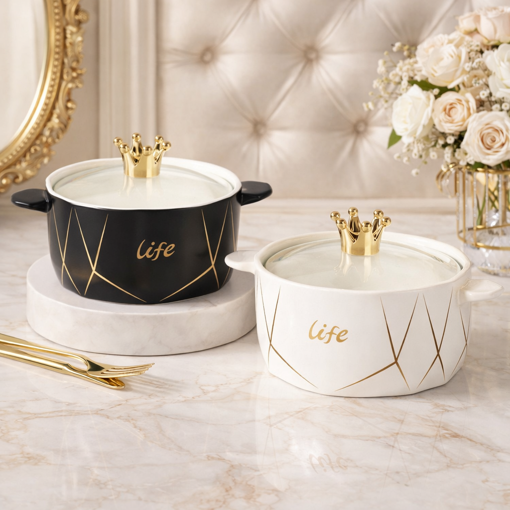 Luxury Crown Lid Ceramic Soup Bowl with Handles – 1 Piece (1200ml)