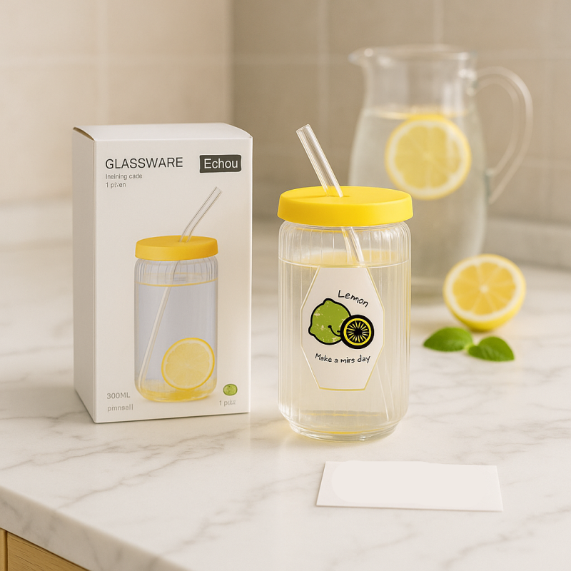 Echou Premium 300ml Lemon Glass Tumbler with Straw & Yellow Lid