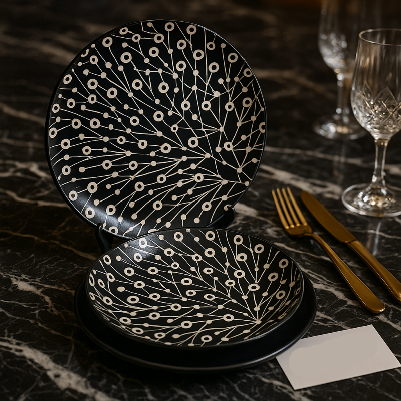 Luxury Black & White 18pcs Ceramic Dinner Plate Set – Modern Abstract Design | Premium Tableware for Contemporary Dining