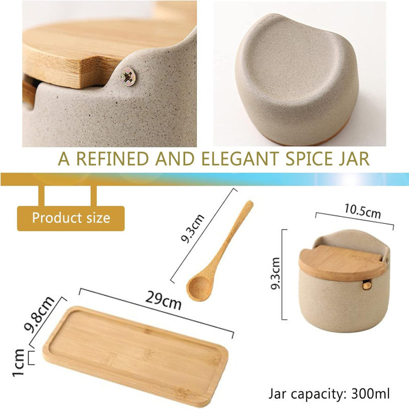 Japanese Style Ceramic Spice Jars, Seasoning Jar Combination Set With 2 Wooden Spoons, Lid & Tray