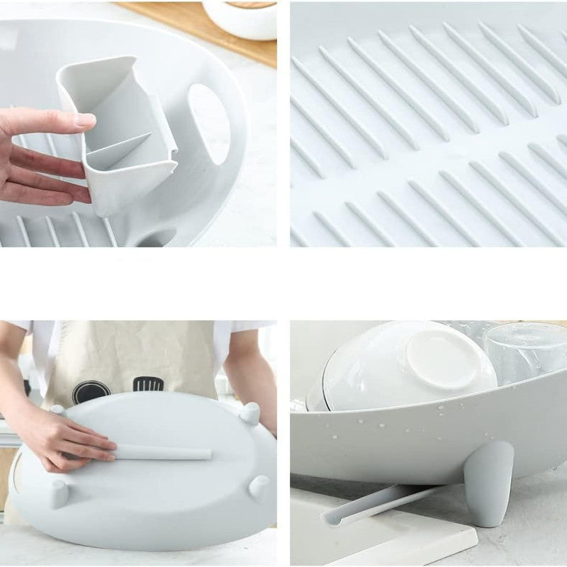 Plastic Kitchen Dish Drying Rack with Drain | Multifunctional Countertop Organizer for Plates, Bowls & Utensils (White)