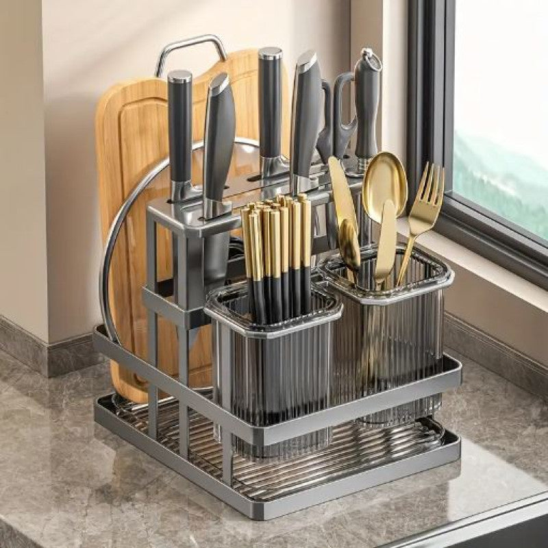 1Pc Metal Kitchen Knife Rack with Chopstick Cage, Wall Mounted Countertop Organizer for Cutlery, Chopping Board Storage Holder