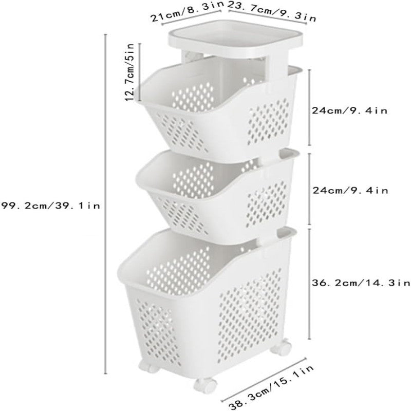 3-Tier Plastic Laundry Hamper with Wheels | Removable Storage Basket & Large Multipurpose Laundry Organizer