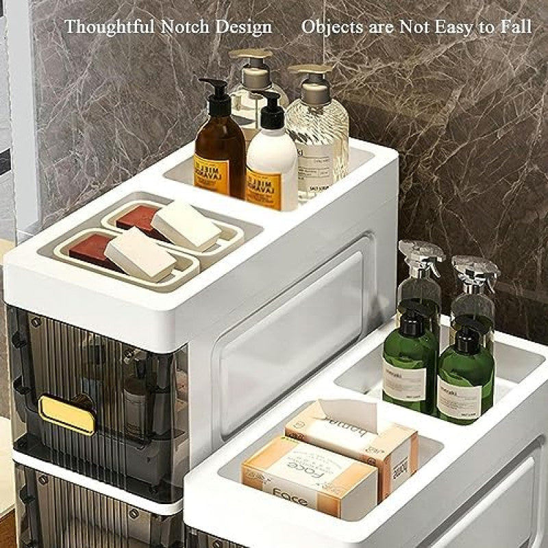 3 Tier Waterproof Plastic Storage Organizer, Multipurpose Narrow Drawer-Style Shelf for Bathroom, Kitchen