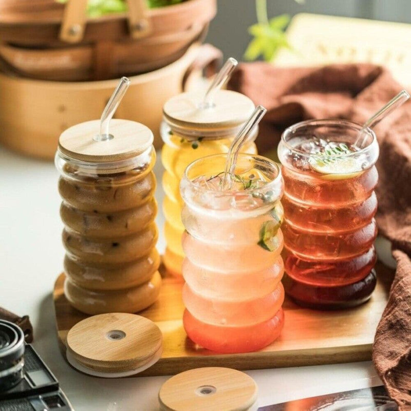 BubbleWave Glass Tumbler with Wooden Lid & Reusable Straw – Eco-Friendly Drinkware | Adornia.pk