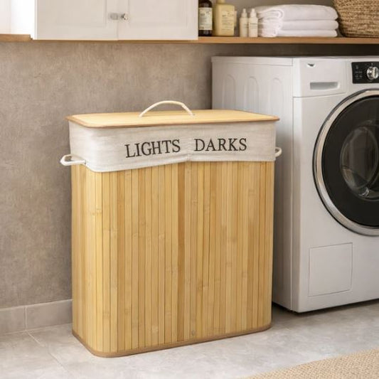 Rectangular Dual Compartments Bamboo Laundry Basket
