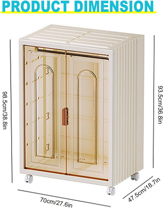 Small Wardrobe Closet, Folding Storage Bins with Doors, Portable Wardrobe with Wheels, Stackable Storage for Bedroom Dorm, Plastic Wardrobe for Hanging Clothes