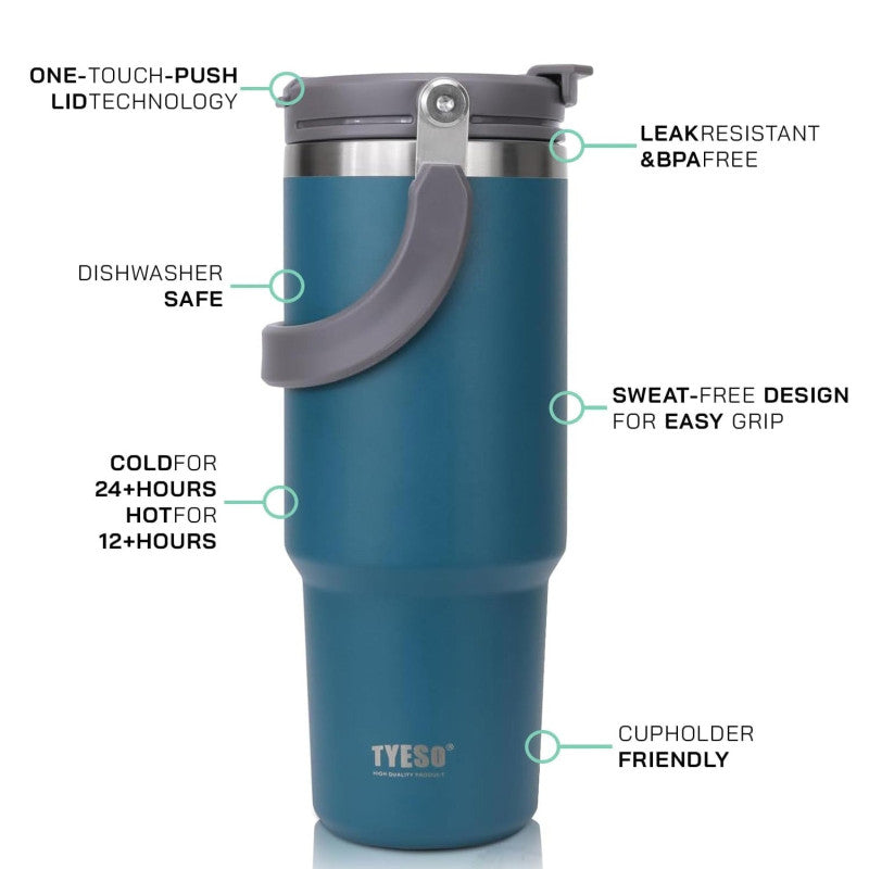 “TYESO® SteelCore Stainless Steel Dual-Lid Tumbler with Top-Handle (900ml) (TS-8828)”
