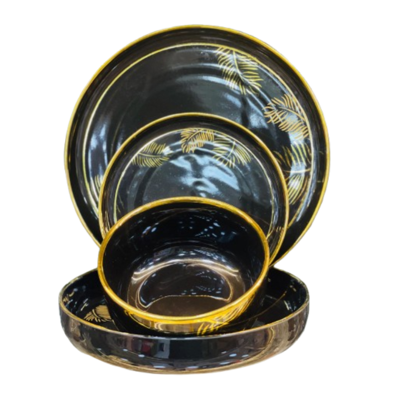 24 Pieces Porcelain Dinner Set – Black & Golden | Elegant Ceramic Tableware