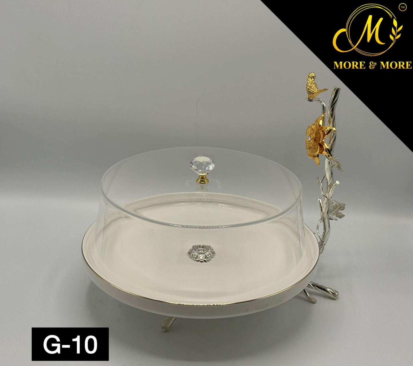 Luxury Crystal Dome Cake Stand with Gold Bird Handle – Elegant Serving Platter