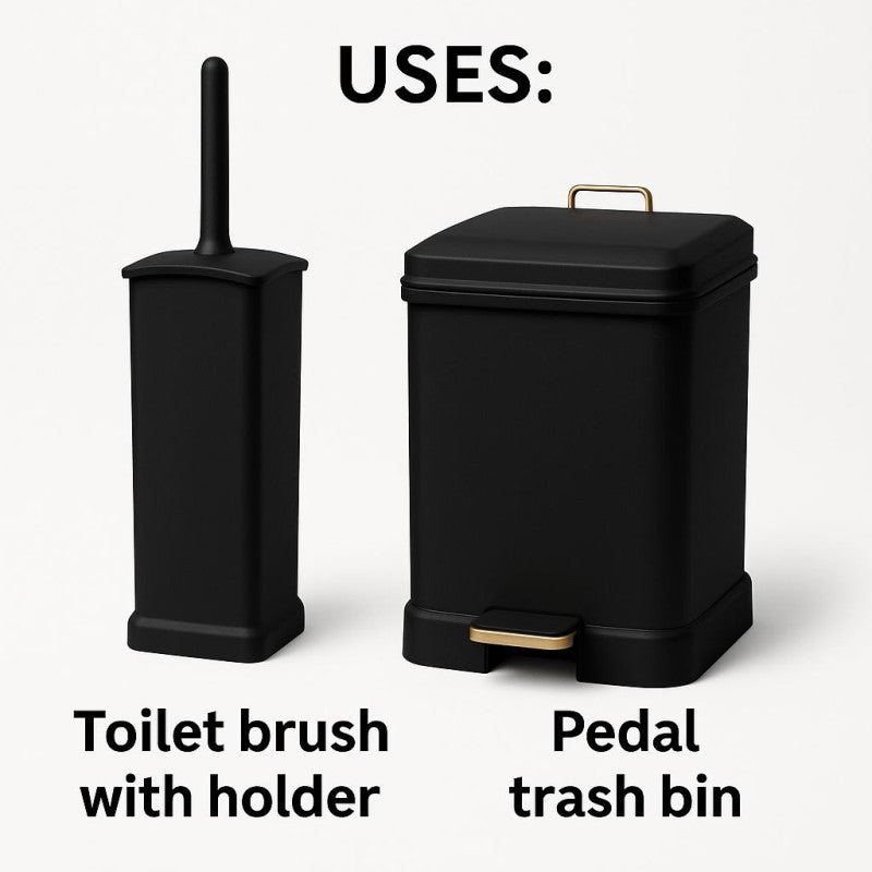 Limon EdgeClean Rectangular Dustbin & Brush Set – Modern Bathroom Waste Bin with Cleaning Brush | Adornia.pk